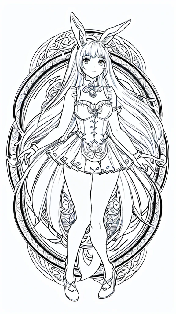 (Bunny girl:1.5), 8k, black and white drawing of circular design, intricate thin lines, centering radial design, coloring pages, simplified zentangle, coloring book outline, black and white only, no outline, intricate designs, coloring book, celtic design, intricate lines, no gradients