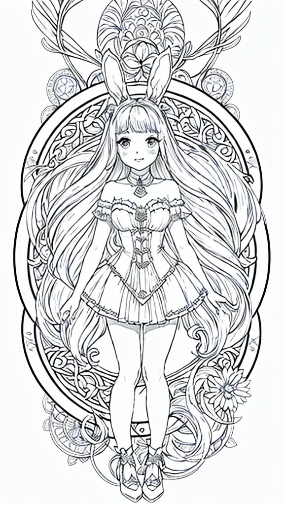 (Bunny girl:1.5), 8k, black and white drawing of circular design, intricate thin lines, centering radial design, coloring pages, simplified zentangle, coloring book outline, black and white only, no outline, intricate designs, coloring book, celtic design, intricate lines, no gradients