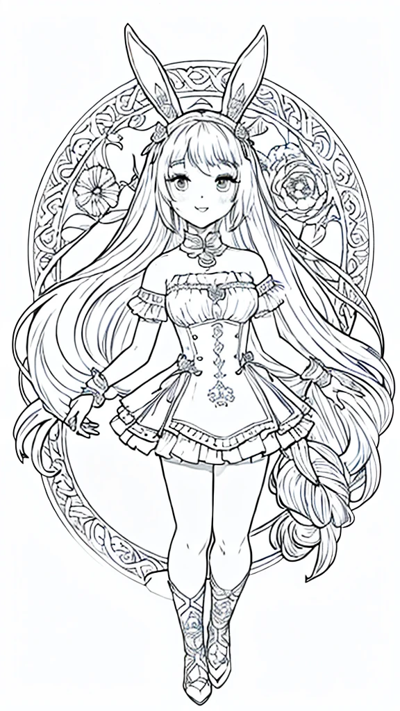 (Bunny girl:1.5), 8k, black and white drawing of circular design, intricate thin lines, centering radial design, coloring pages, simplified zentangle, coloring book outline, black and white only, no outline, intricate designs, coloring book, celtic design, intricate lines, no gradients