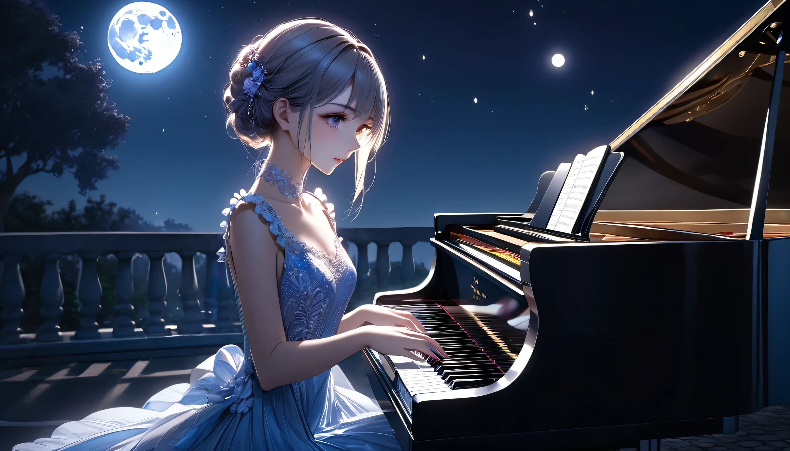 Beautiful girl playing piano under moonlight, anime style, See from a distance, Detailed face, Long eyelashes, elegant fingers, elegant dress, Soft moonlight, dramatic shadows, bright colors, Very detailed, 8K, fantasy, movie lighting, Realistic, Digital art