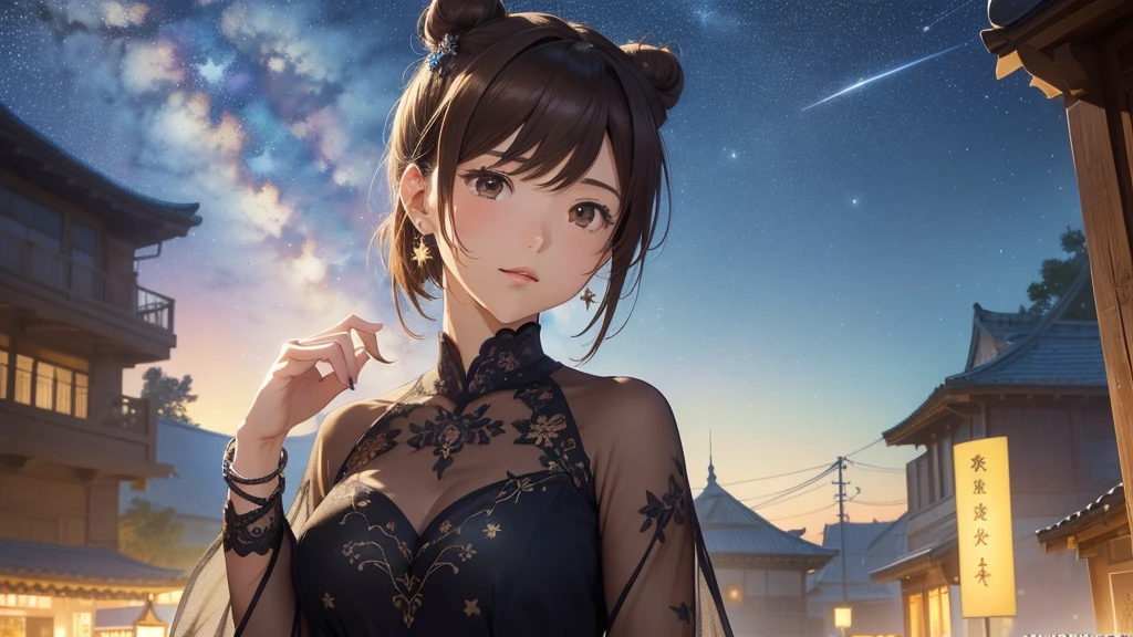 (Very detailed,High resolution,masterpiece:1.2）Night view, Starry Sky、milky way、Tanabata bamboo decorations Light brown hair. She is wearing a long-sleeved top.、Earring Accessories, bracelet, clock. .(Highest quality:1.2), Very detailed, High resolution, Tabletop:1,2, Vibrant colors, Bokeh, Professional Lighting, Physically Based Rendering, Flat Color:0.8, Fine 図, Realistic:1.37, Shinkai Makoto style, Your name style, Bun Hair。,(masterpiece: 1,2)、(masterpiece: 1,2)、High resolution、超High resolution、Highest quality、High resolution、