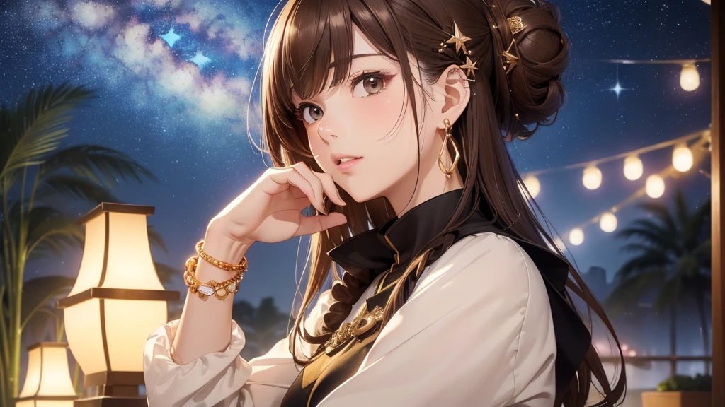 (Very detailed,High resolution,masterpiece:1.2）Night view, Starry Sky、milky way、Tanabata bamboo decorations Light brown hair. She is wearing a long-sleeved top.、Earring Accessories, bracelet, clock. .(Highest quality:1.2), Very detailed, High resolution, Tabletop:1,2, Vibrant colors, Bokeh, Professional Lighting, Physically Based Rendering, Flat Color:0.8, Fine 図, Realistic:1.37, Shinkai Makoto style, Your name style, Bun Hair。,(masterpiece: 1,2)、(masterpiece: 1,2)、High resolution、超High resolution、Highest quality、High resolution、