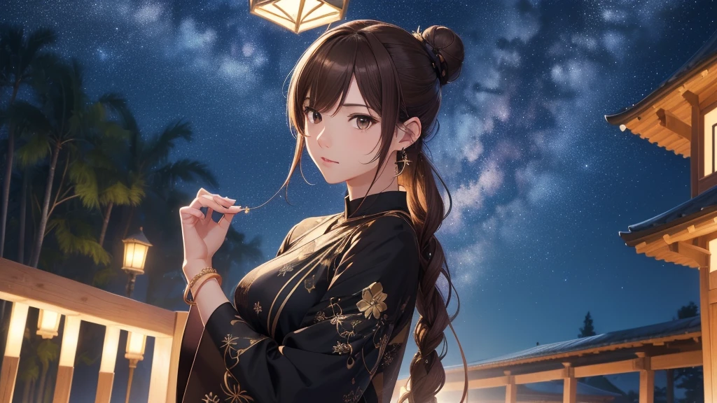 (Very detailed,High resolution,masterpiece:1.2)Night view, Starry Sky、milky way、Tanabata bamboo decorations Light brown hair. She is wearing a long-sleeved top.、Earring Accessories, bracelet, clock. .(Highest quality:1.2), Very detailed, High resolution, Tabletop:1,2, Vibrant colors, Bokeh, Professional Lighting, Physically Based Rendering, Flat Color:0.8, Fine 図, Realistic:1.37, Shinkai Makoto style, Your name style, Bun Hair。,(masterpiece: 1,2)、(masterpiece: 1,2)、High resolution、超High resolution、Highest quality、High resolution、