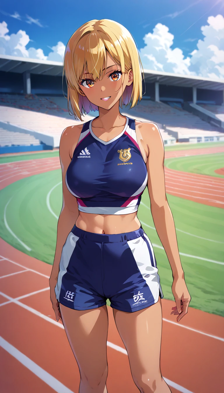 (masterpiece, best quality, ultra-detailed, high resolution, detailed eyes), takeda hiromitsu style, (1girl), (track and field uniform, croptop, short pants), athletic body, tanned skin, orange short hair,standing, pov