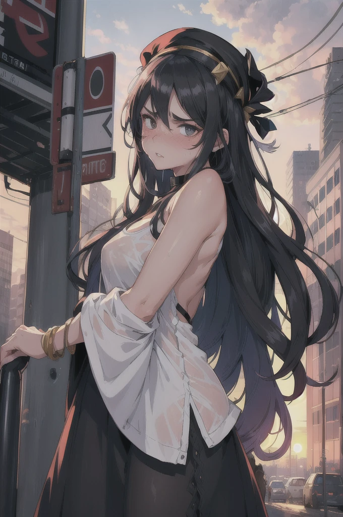 highres, highest quallity, illustration,  ultra detailed, (detailed face), (detailed eyes), soft lighting, best quality, hazy glow, dreamy atmosphere, hyper detailed, masterpiece, 1girl, solo,black long hair, (black eyes:1.2), (white tank top:1.0), luminous eyes, (colorful),from below, outdoors, clouds, tall buildings in background, industrial, public transportation, urban, concrete, sidewalk,summer, black Dhaka topi,black choker, silver bracelet,(wet:0.8),(sweat:0.8) ,(parted lips:1.3),backlighting, Radiant Sunset, Golden Embrace, Vibrant Twilight, Ablaze in Colors, Serenading Sun, strong facial expression,(sharp eye:1.2),(scowl:1.1), (stare at viewer with stern eyes:1.5),(bitting own lip:1.1),(angry:0.9),nose blush,(shamefull:1.2), surprised, (embarrassed,blush:1.3) ,nsfw,(ecstasy:1.3) ,(slut:1.2),(vulgarity:1.3),(fucked silly:1.1),(steam:1.1),(wet:0.8),(trembling:0.8),(tears:0.7) ,(drooling:0.6),(sweat:0.8),