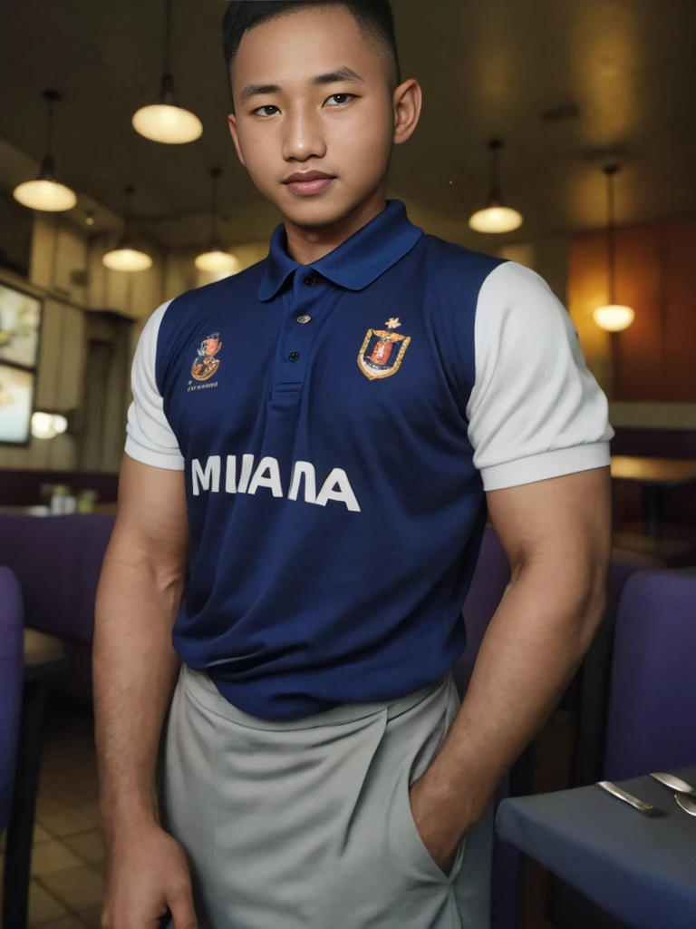 Masterpiece, best quality High resolution, realistic, handsome, beautifully photographed, syahnk SFW, 35 year old portrait. (man: 1.2) Military press, amazing weight, short buzzcut hair, stubby head. , (too much muscle ),look at the viewer,Flirting with the camera,charming,(Tight polo shirt ), 8K UHD , Restaurant