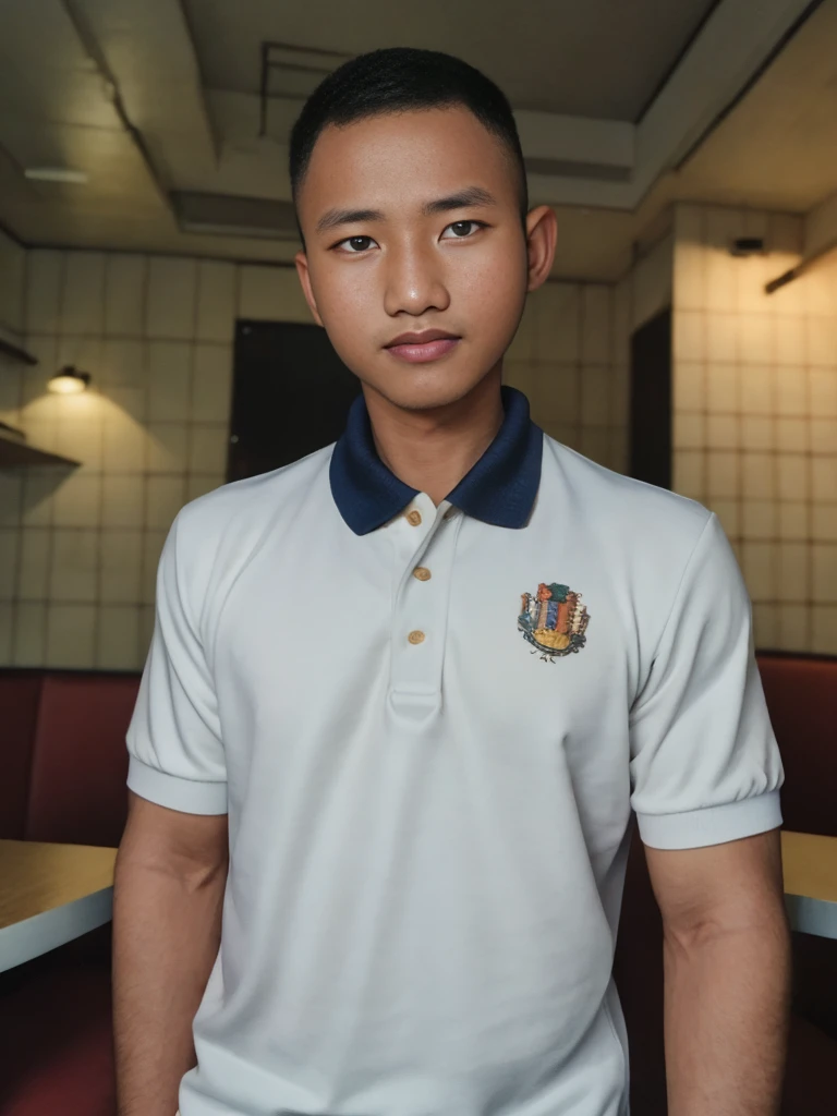 Masterpiece, best quality High resolution, realistic, handsome, beautifully photographed, syahnk SFW, 35 year old portrait. (man: 1.2) Military press, amazing weight, short buzzcut hair, stubby head. , (too much muscle ),look at the viewer,Flirting with the camera,charming,(Tight polo shirt ), 8K UHD , Restaurant