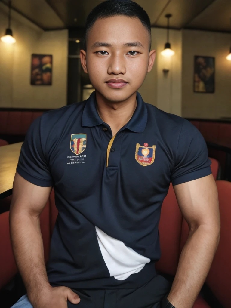 Masterpiece, best quality High resolution, realistic, handsome, beautifully photographed, syahnk SFW, 35 year old portrait. (man: 1.2) Military press, amazing weight, short buzzcut hair, stubby head. , (too much muscle ),look at the viewer,Flirting with the camera,charming,(Tight polo shirt ), 8K  UHD , Restaurant