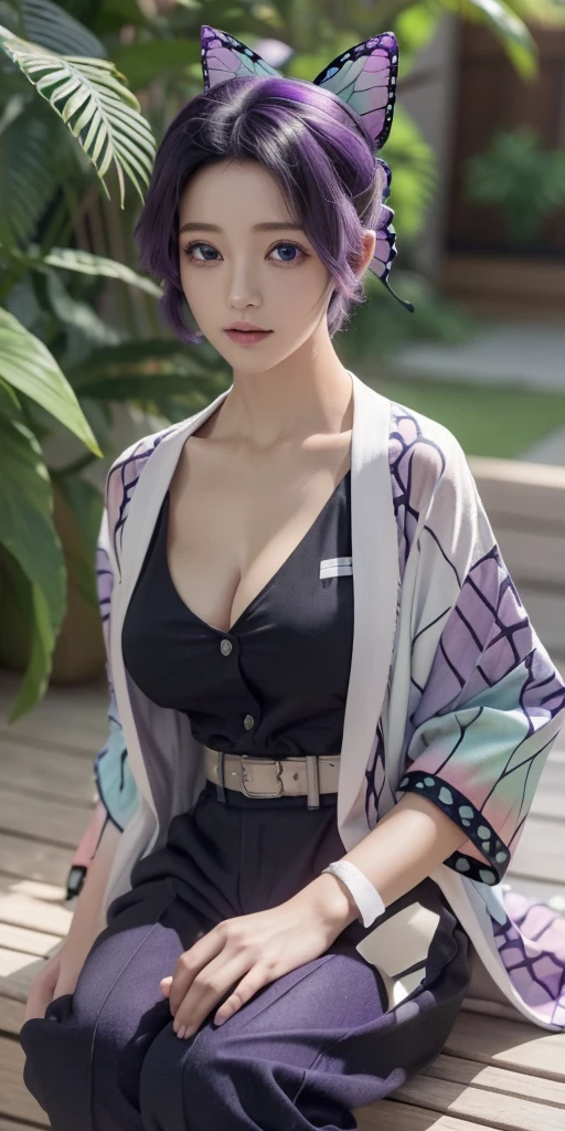 (masterpiece:1.2), best quality, high resolution, unity 8k wallpaper, (illustration:0.8), (beautiful detailed eyes:1.6), extremely detailed face, perfect lighting, extremely detailed CG, (perfect hands, perfect anatomy), shinobukochou, shinobu kochou, animal print, black hair, butterfly, butterfly hair ornament, butterfly print, forehead, gradient hair, hair ornament, haori, multicolored hair, parted bangs, purple hair, short hair, two-tone hair, black pants, butterfly print, coat, purple tanktop, haori, short pants, looking at viewer, cleavage,