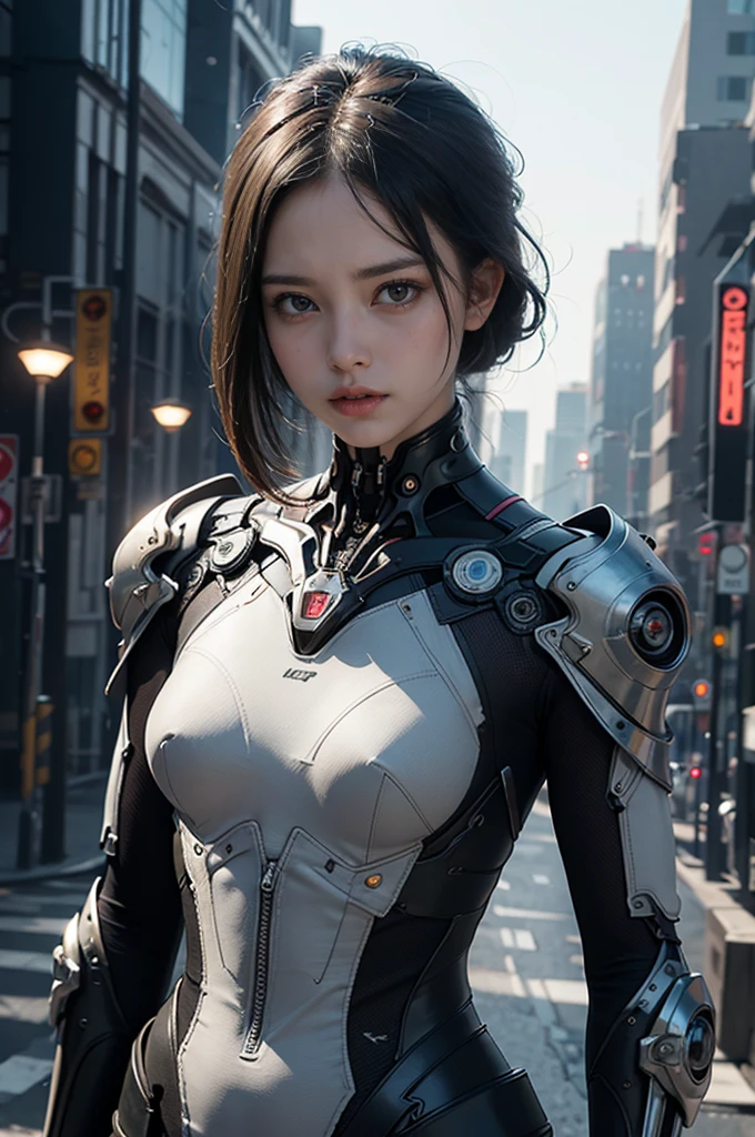 Highest quality, masterpiece, Ultra-high resolution, ((Realistically: 1.4), RAW Photos, 1. Cyberpunk Girl, Glowing Skin, 1. Mechanical Girl, (Ultra-Realistic Details)), Mechanical Limbs, Tubes attached to mechanical parts, Mechanical vertebrae attached to the spine, Mechanical fixation of the cervical spine, Wires and cables connecting to the head, Shin Evangelion, Ghost in the Shell, Small glowing LED lamp, Global Illumination, Dark shading, octaneRatingレンダリング, 8K, Ultra Sharp, Metal, Intricate decorative details, Baroque details, Very intricate details, Realistic Ray Tracing, CG Trends, To the camera, Neon Light Details, (バックグラウンドのAndRoid工場), H&#39;art.R. Giger and Alphonse Mucha.(Ultra Reflective Bodysuit:1.3)、Sexy thighs、 sleeve、（Super metallic pale blue suit) protruding nipples、The vagina is torn、Smiling with teeth showing