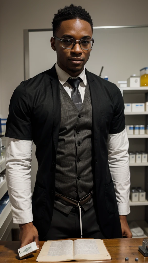 Black scientist, dans son laboratoire, Man, full portrait photos with a table in the background fill with formulas, realistic , and all Scientific material 