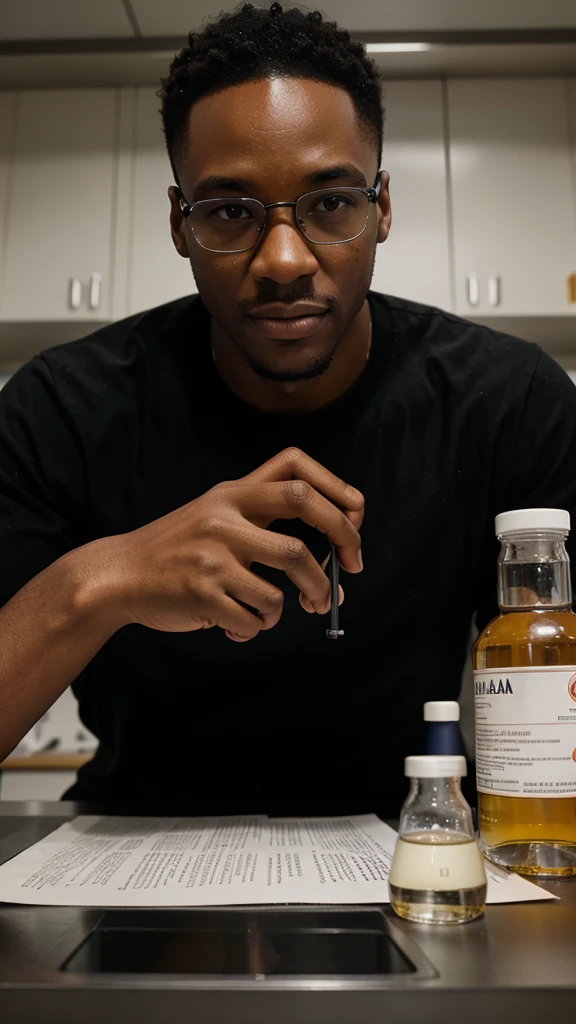 Black scientist, dans son laboratoire, Man, full portrait photos with a table in the background fill with formulas, realistic , and all Scientific material 