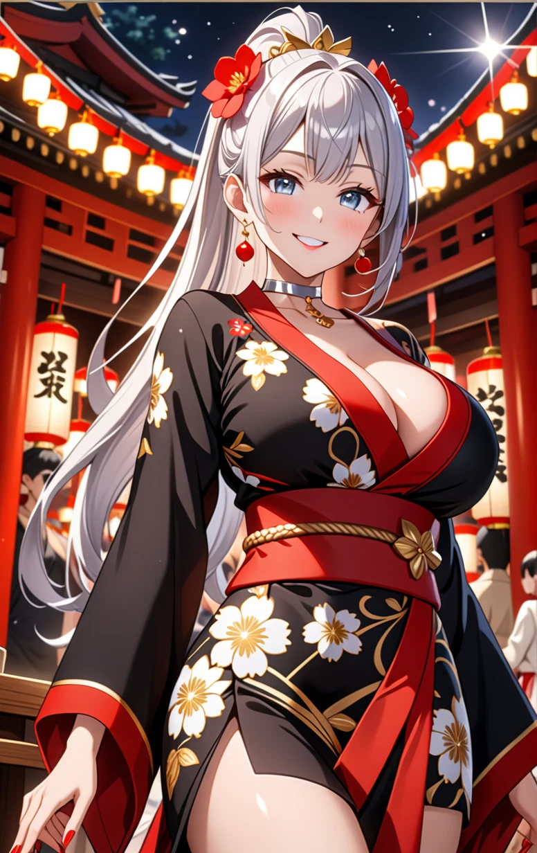 ((one girl)), hyper detailed, absurdres, 8K,Cute face, (Laugh shyly), ((teasing smile:1.8)), ((Wink:1.8)), (Laugh with your mouth wide open:1.3),(Tilt your head:1.3),  View your viewers, ((Bright red cheeks:1.6)),Glossy Red Lips, ((Big Breasts:1.5)) night, Shrine festival stalls, (Brighten your face), ((Anime style background)),masterpiece, Highest quality, so beautiful,Latest, Complex details, (Pink long nails), (nail art), (ring),(bracelet), (Floral Choker),AI-generated, Complex,High resolution, Highest quality, super high quality,3D Images、3D Images,One person,Long white hair,(High Ponytail), Anime woman posing for a photo,((blue eyes:1.2)), ((Fine grain、Silver Eyes、Shining Eyes:1.7)), (Squint your eyes:1.1),a hyperRealistic , hyperRealistic , Realistic,Anime woman with long white hair, Smooth anime CG art, With gold embroidery、A girl in a gorgeous kimono, ((Black long sleeve kimono:1.3)),(Red large floral pattern) ,Long flower hair ornament,Floral Earrings,Mature Body, expensive,Abdominal muscles,Tight waist,((Zoom in on face:2.1)), ((from below)),