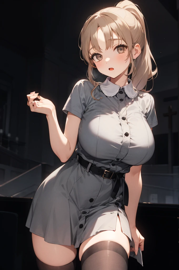 bbsister, long hair, ponytail, sidelocks, collared dress, grey dress, short sleeves, buttons, black belt,(((dark room))),church,looking viewer,huge breasts,nsfw,thighhighs
