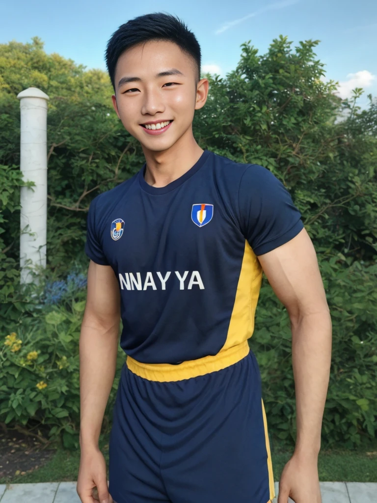 独奏: 1.5, (As a matter of fact, Masterpiece, 8k HD, good light quality, sportswear, fit the face, complicated details), A handsome, muscular young Korean man. , 20 years old, be happy, smile brightly, detailed face, delicate eyes, มองดูsky, Wear a navy tight T-shirt.:1.6, period, black eyes, Black hair color, ผมsmooth, smooth, outdoor sports, Along the garden, Sunny,sky,Surreal,Awesome details,Highest quality,real,Open your mouth to talk. , Close your eyes.