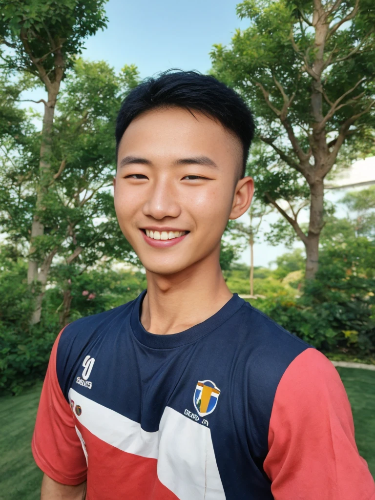 独奏: 1.5, (As a matter of fact, Masterpiece, 8k HD, good light quality, sportswear, fit the face, complicated details), A handsome, muscular young Korean man. , 20 years old, be happy, smile brightly, detailed face, delicate eyes, มองดูsky, Wear a navy tight T-shirt.:1.6, period, black eyes, Black hair color, ผมsmooth, smooth, outdoor sports, Along the garden, Sunny,sky，Surreal，Awesome details，Highest quality，real，Open your mouth to talk. , Close your eyes.