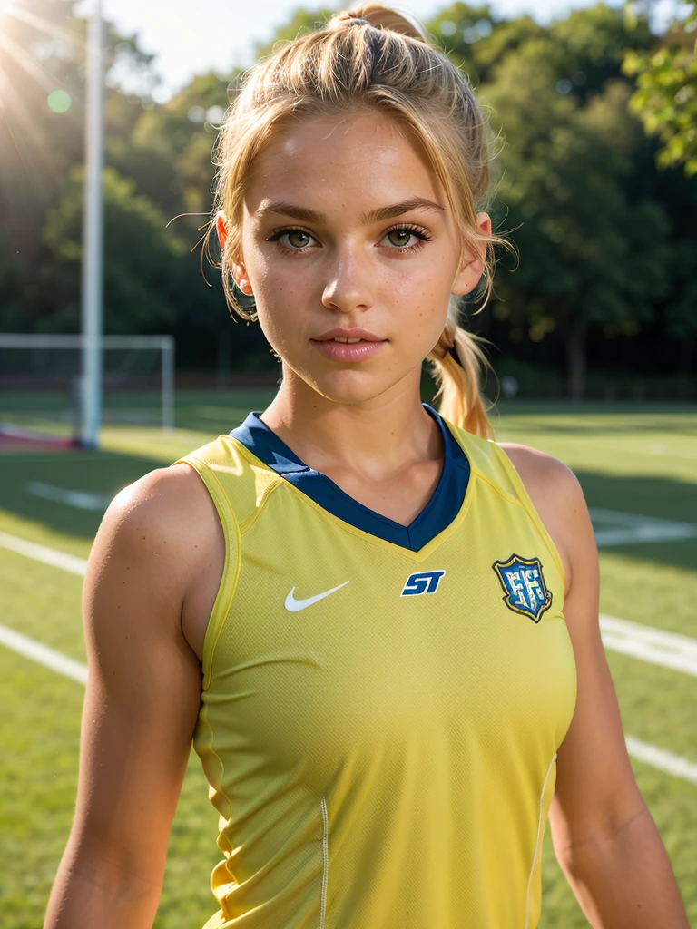 Front view, medium shoot, Beautiful blonde, ponytail hairstyle, athletic body, football uniform, short shorts, posing on a football field, looking at the viewer, sunlight passing through her hair, depth of field, bokeh