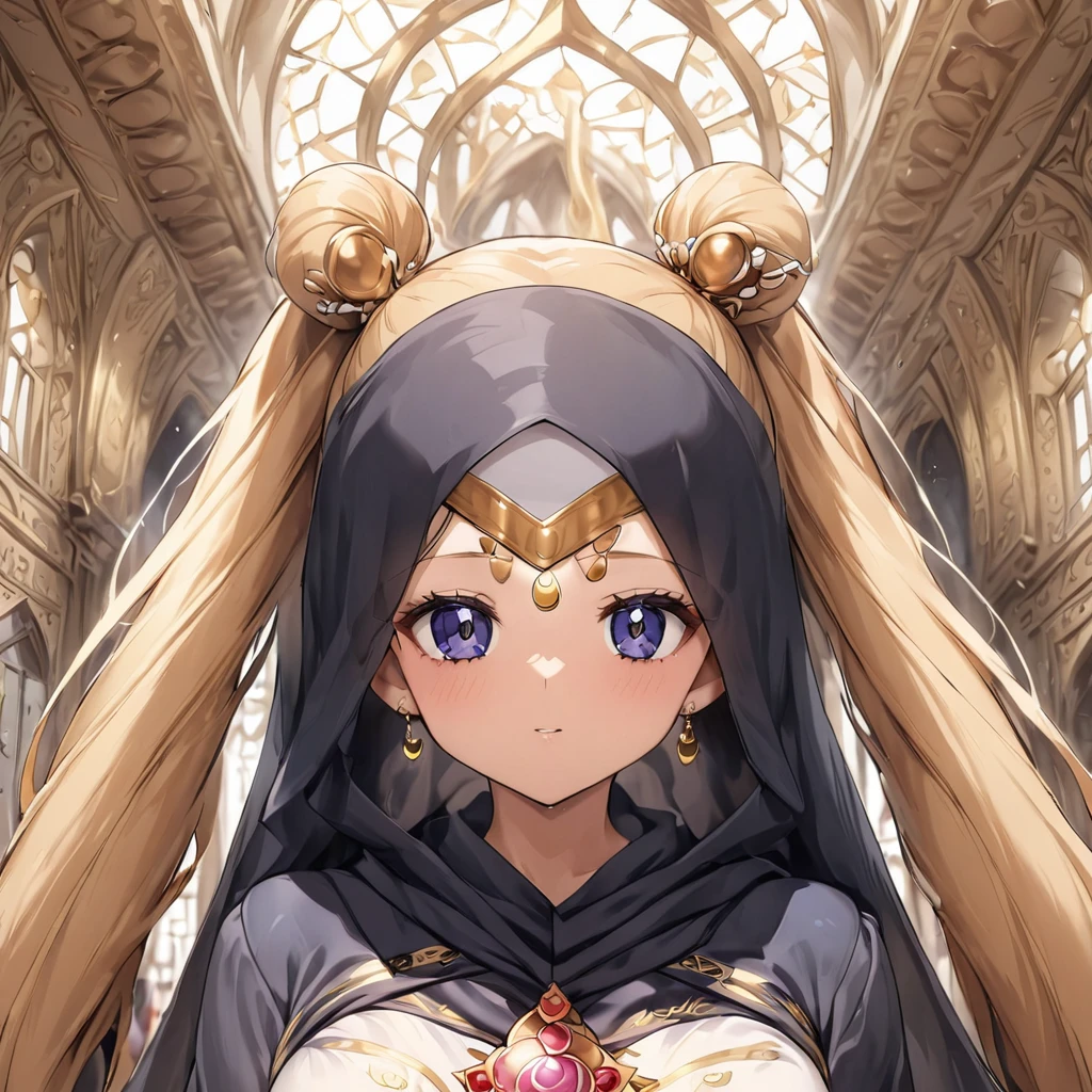 ((Highest quality)), ((masterpiece)), (detailed), (Perfect Face)、The woman wears a black chador、The woman is Tsukino Usagi, a devout Muslim., Arab with bright brown skin, In an Islamic prayer hall、金の刺繍が施された豪華なWearing a black chador。, A gorgeous black chador covers her completely., Gorgeous hair ornament, Gorgeous jewellery and engagement rings. The woman and the man are in a luxurious palace, And the woman、Wearing Arab national dress、In an Islamic prayer hall with a dignified bearded middle-aged Arab Muslim man。.、The woman is the elegant Tsukino Usagi, Her long blonde hair was tied in twin tails, Wearing a black chador. She is a devout Muslim Arab with vibrant brown skin.。.、(The woman was named Tsukino Usagi.、He is a dark-skinned Arab and a devout Muslim.。.)