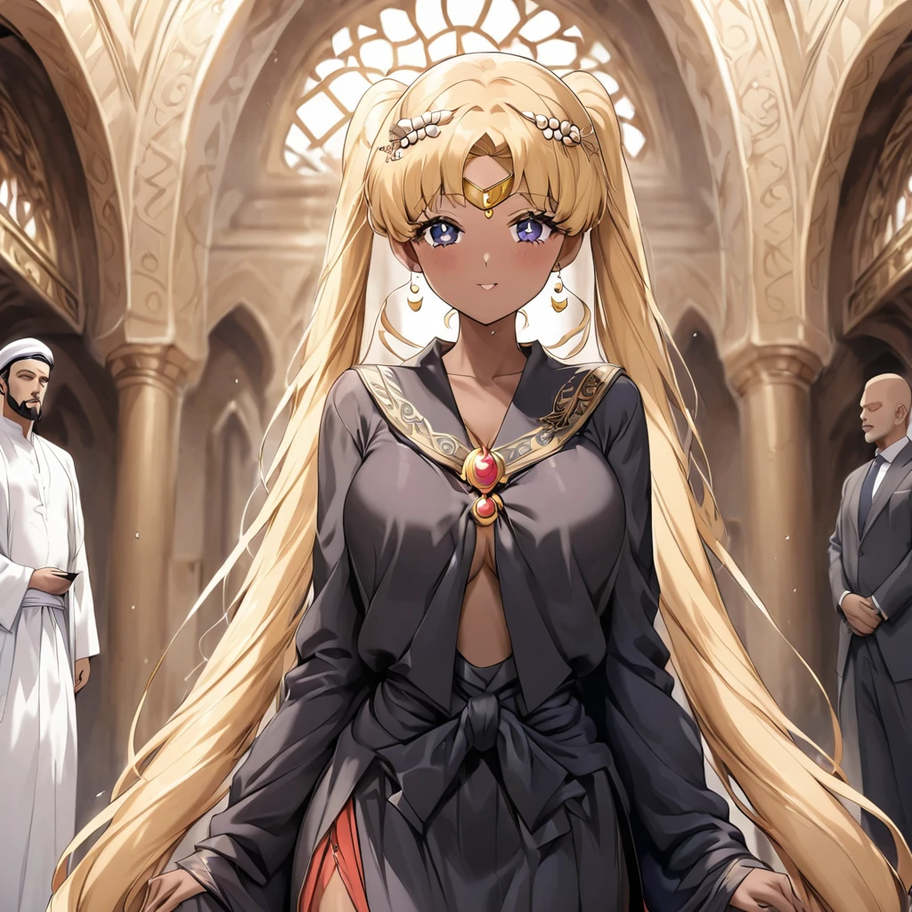 ((Highest quality)), ((masterpiece)), (detailed), （Perfect Face）、The woman wears a black chador、The woman is Tsukino Usagi, a devout Muslim., Arab with bright brown skin, In an Islamic prayer hall、金の刺繍が施された豪華なWearing a black chador。, A gorgeous black chador covers her completely., Gorgeous hair ornament, Gorgeous jewellery and engagement rings. The woman and the man are in a luxurious palace, And the woman、Wearing Arab national dress、In an Islamic prayer hall with a dignified bearded middle-aged Arab Muslim man。.、The woman is the elegant Tsukino Usagi, Her long blonde hair was tied in twin tails, Wearing a black chador. She is a devout Muslim Arab with vibrant brown skin.。.、（The woman was named Tsukino Usagi.、He is a dark-skinned Arab and a devout Muslim.。.）