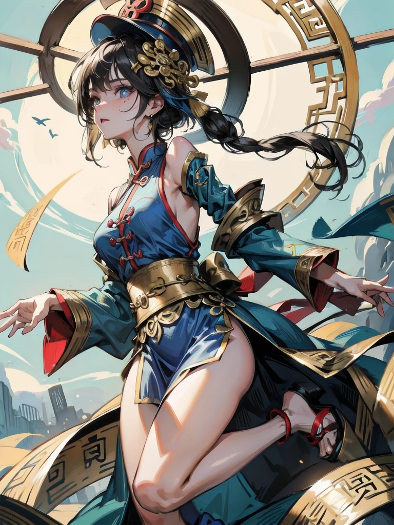absurdres, RAW photo, extremely delicate and beautiful, masterpiece, Best Quality, ultra high resolution, 32k, hyperrealistic, ultra-detailed, in her 20s, delicate facial features, beautiful detailed girl, extremely detailed eyes and face, beautiful detailed eyes, tearful mole, earring, medium breasts, full body shot, shorter middle hair, black hair, jiangshi costume, hat, talisman, blue dress, chinese clothes, exposed shoulders, sandals, 
