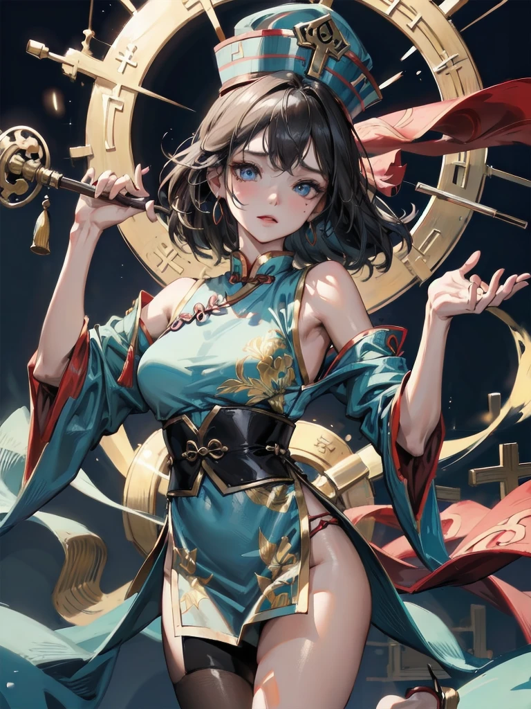 absurdres, RAW photo, extremely delicate and beautiful, masterpiece, Best Quality, ultra high resolution, 32k, hyperrealistic, ultra-detailed, in her 20s, delicate facial features, beautiful detailed girl, extremely detailed eyes and face, beautiful detailed eyes, tearful mole, earring, medium breasts, full body shot, shorter middle hair, black hair, jiangshi costume, hat, talisman, blue dress, chinese clothes, exposed shoulders, sandals,