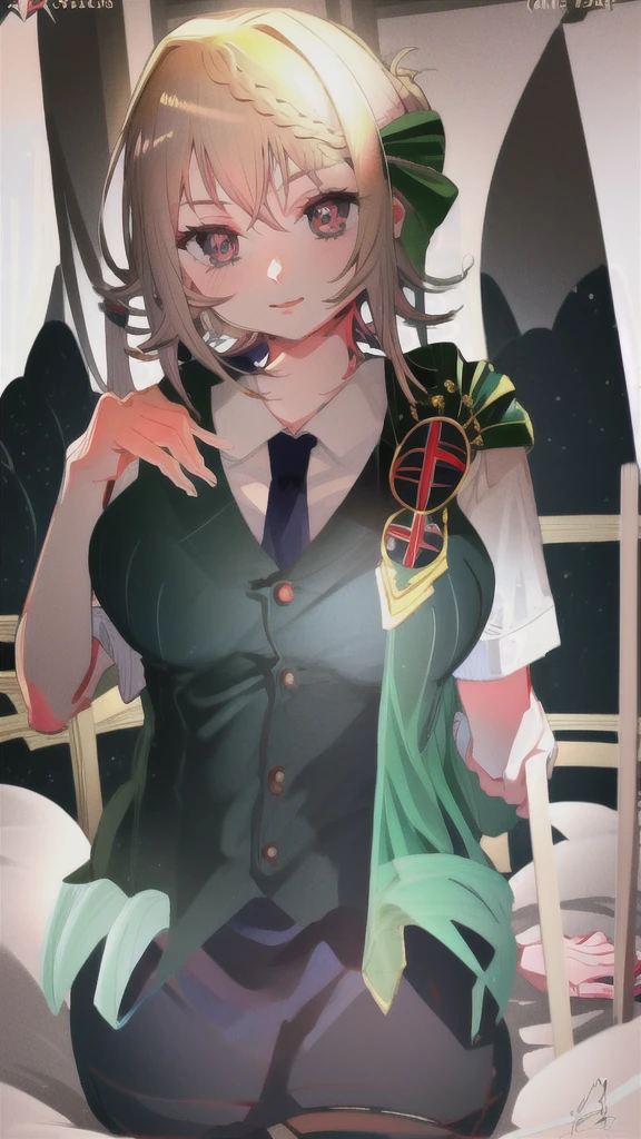 (masterpiece, best quality, illustration, delicate details, 8K:1.2), (studio light, best shadow, picturesque),
BREAK, (sharp eyeliner, (symmetric eyes, perfect eyes, detailed eyes), finely detailed beautiful face, perfect anatomy), purple eyes,
BREAK, nice hands, perfect hands, hand by Guido Daniele,
BREAK, 1girl, solo,
BREAK, PerthKC, , (white) short sleeves, shirt, (green) vest, (blue) pleated dress skirt, plaid, (blue) necktie, (green) thighhighs, ribbon, loafers, badge, (green) cape, cloak, short hair,
BREAK, upper body shot, looking at viewer, gentle smile, (indoor, office, sitting, sofa),
BREAK,