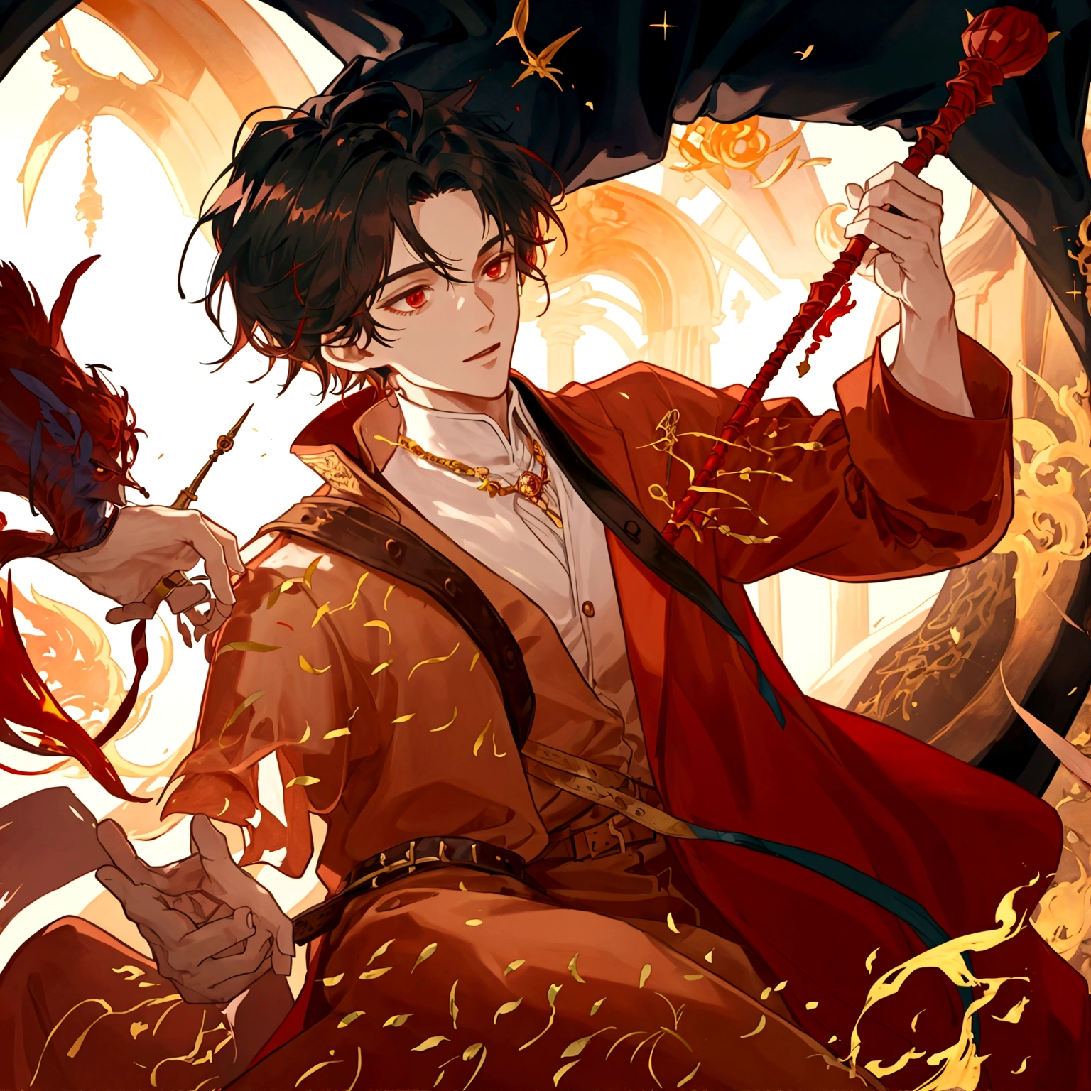 boy dressed like a magician, red and yellow robe, He holds a spell stick in his hand. In the background a medieval RPG style inn