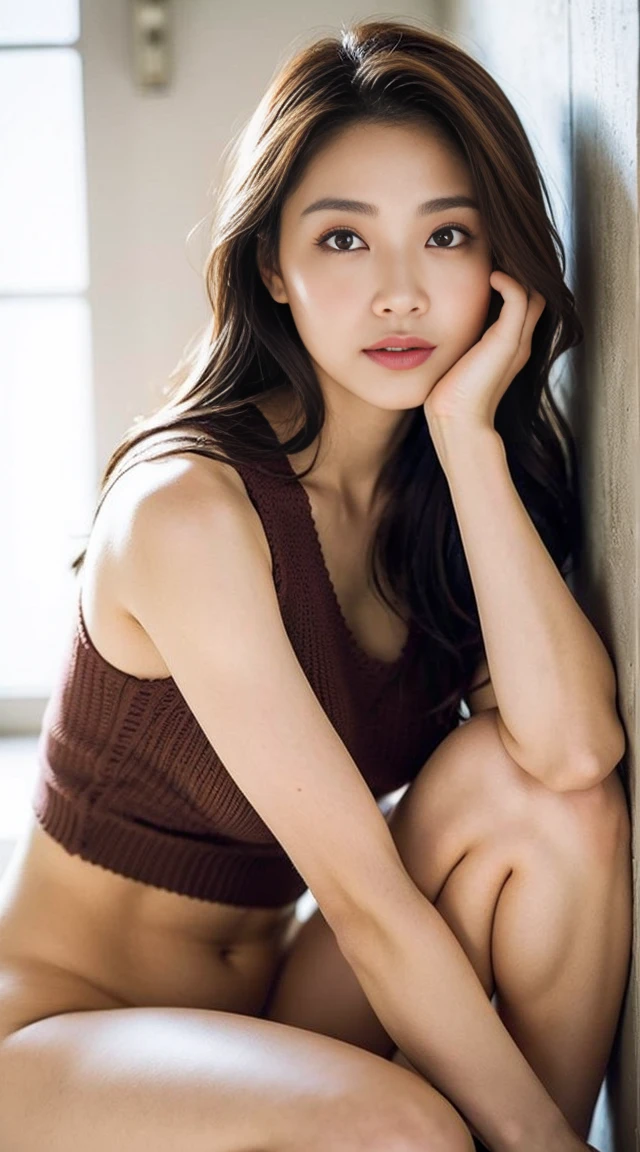Dark brown hair、Light brown eyes、Japanese actress、 Lady、I am about 40 years old..、(Intricate details:1.2)、(Which one is on top??:1.4)、 (Ultra-high resolution:1.2)、Ultra-high resolution、(Finely tuned)、(Detailed facial features)、Hmph、8K resolution、D cup size breasts、Long Hair、Bright bathroom with sunlight shining in、Large windows、Extravagant space、relax、、,Full body photo、Head to toe shot、Beautiful legs、Summer knitwear、Beautiful legs、A refreshing room filled with sunlight、she, household items, (plant:0.8), Fashion Hub, Extreme Detail, Very detailed, Realistic, Hourglass-shaped body, Obscene pose,、、私 cry a lot、tears、person on the left、White wall、White floor、diagonally from below、Lift your chin、Bend forward and place your butt against the wall、relaxした表情、Pose of Weakness、
