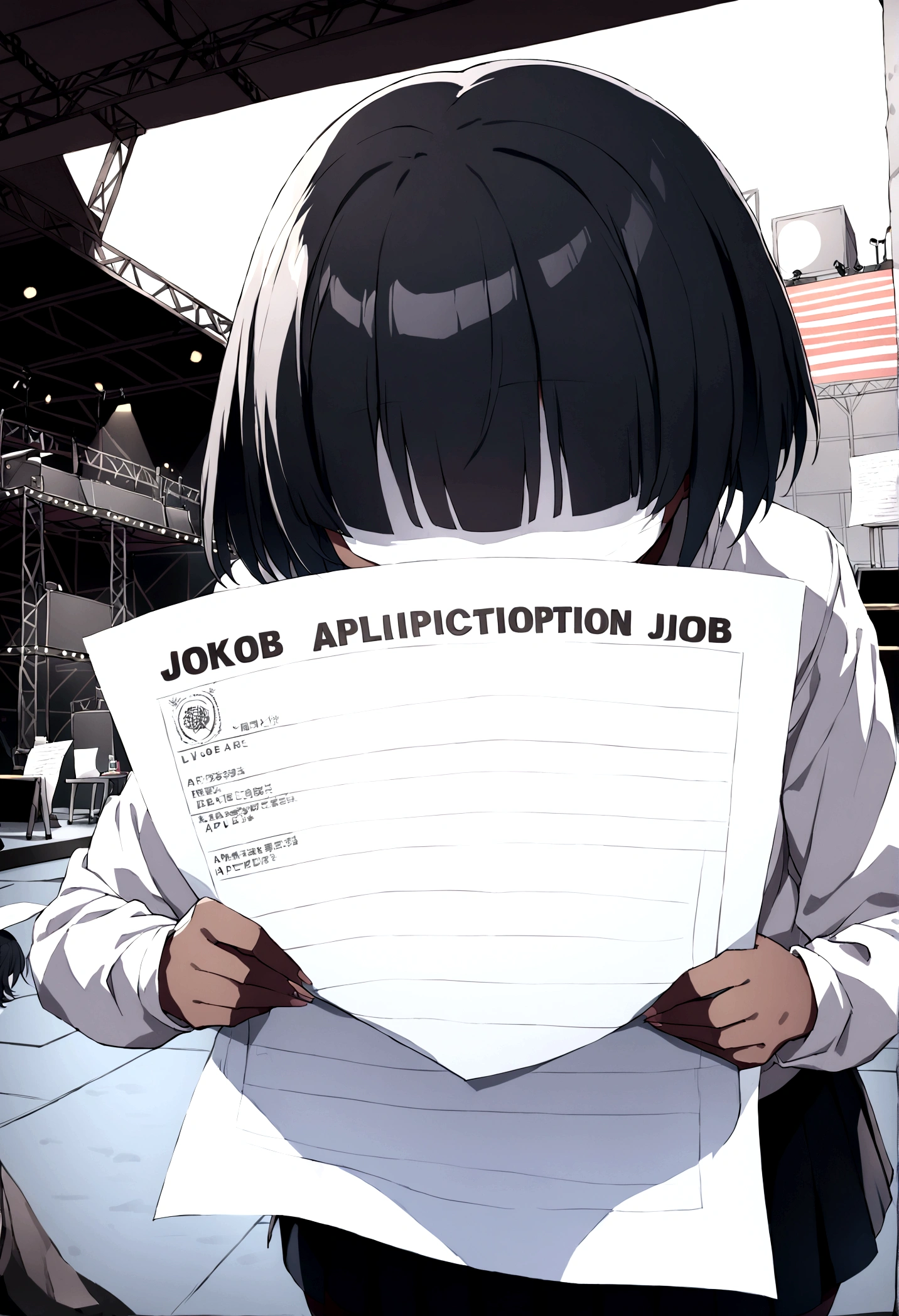 Black girl, close up, facing forward,face covered in paper, (job application paper), ((paper written job application)),short hair, black hair, black skirt, fully covered face, live stage