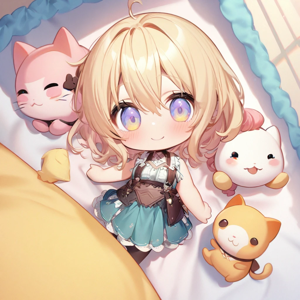 masterpiece、Highest quality、Depth of subject、((2D illustration))、1 beautiful girl、((colorful))、(((chibi style)))、((Long, beautiful hair))、Light blonde、hair between eyes、cute、Beautifully detailed eyes、Tank top、((mini skirt))、(((vivid color))、((bed))、((full body shot))、((Very happy face))、((kitten))、stuffed toy、((There's a lot of pink around))、((Lens flare))、White light is shining、My whole body was filled with light