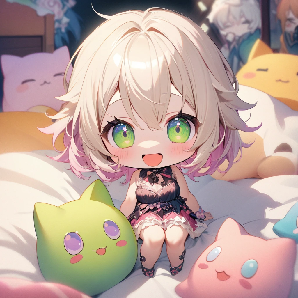 masterpiece、Highest quality、Depth of subject、((2D illustration))、1 beautiful girl、((colorful))、(((chibi style)))、((Long, beautiful hair))、Light blonde、hair between eyes、cute、Beautifully detailed eyes、Tank top、((mini skirt))、(((vivid color))、((bed))、((full body shot))、((Very happy face))、((kitten))、stuffed toy、((There&#39;s a lot of pink around))、((Lens flare))、White light is shining、My whole body was filled with light