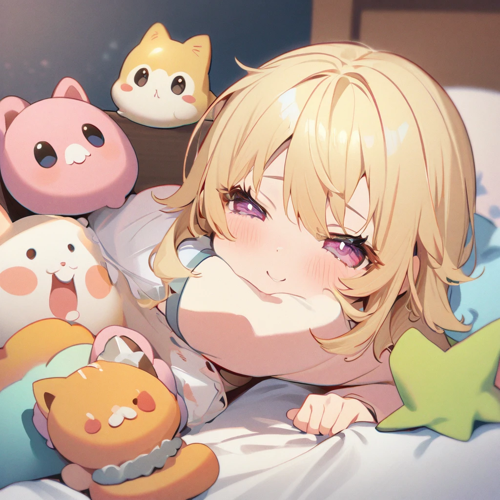 masterpiece、Highest quality、Depth of subject、((2D illustration))、1 beautiful girl、((colorful))、(((chibi style)))、((Long, beautiful hair))、Light blonde、hair between eyes、cute、Beautifully detailed eyes、Tank top、((mini skirt))、(((vivid color))、((bed))、((full body shot))、((Very happy face))、((kitten))、stuffed toy、((There's a lot of pink around))、((Lens flare))、White light is shining、My whole body was filled with light