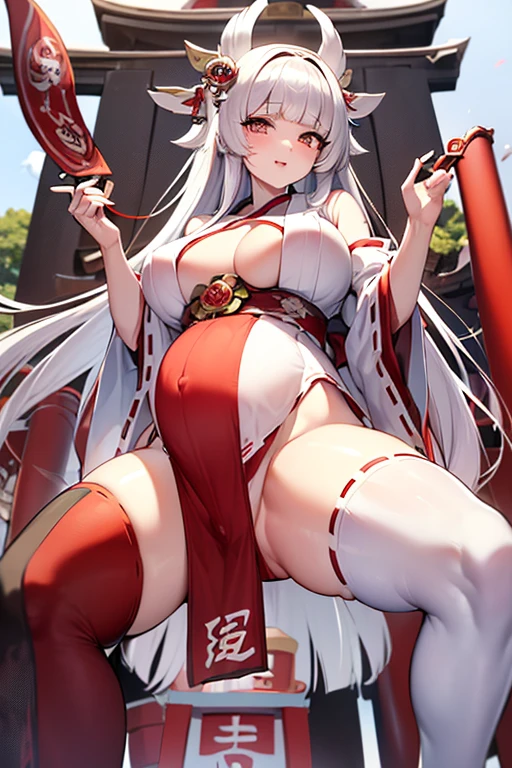 masterpiece, extra limbs, 1goddess , age fifties woman 2600 years old, ((white absurdly long hair blunt bangs hime cut pubic hair)),(((tareme rose eyes))), large breasts large areolas fat body beautiful breasts, (((happy))), spread legs, sitthing,pregnant,pale skin,(raven wings),(((clothed japanese shrine miko))),japanese shrine,night