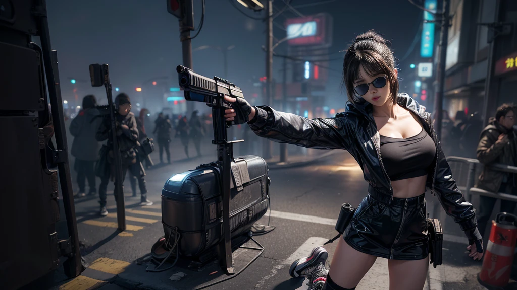 8k, Realistic Skin Texture, Realistic Photo, Neo Tokyo, slim Japanese women, large-breast:1.3 cleavage:1.2, AD2050 at night, Dirty hunting jacket, Wearing tube top, miniskirt, (((black sunglasses, automatic rifle, sneakers, cold, shooting pose, low angle view))), Innovative composition, revenge, cyberpunk, blade runner worldview, Large neon sign, Geisha hologram sign, Strong Wakamoto Sign.