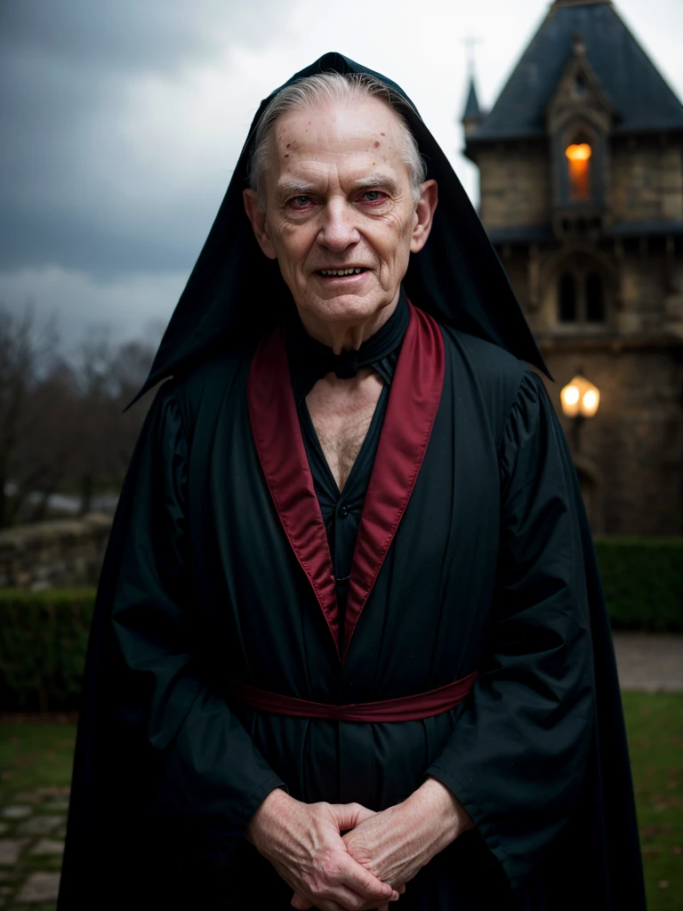 Portrait, old vampire, very scary vampire, huge vampire fangs, pale skin, wrinkles on the face, red eyes, evil grin, looking at the viewer, Black robe, standing in the dark, against the backdrop of an old castle, gloomy light, low key, depth  sharpness, bokeh