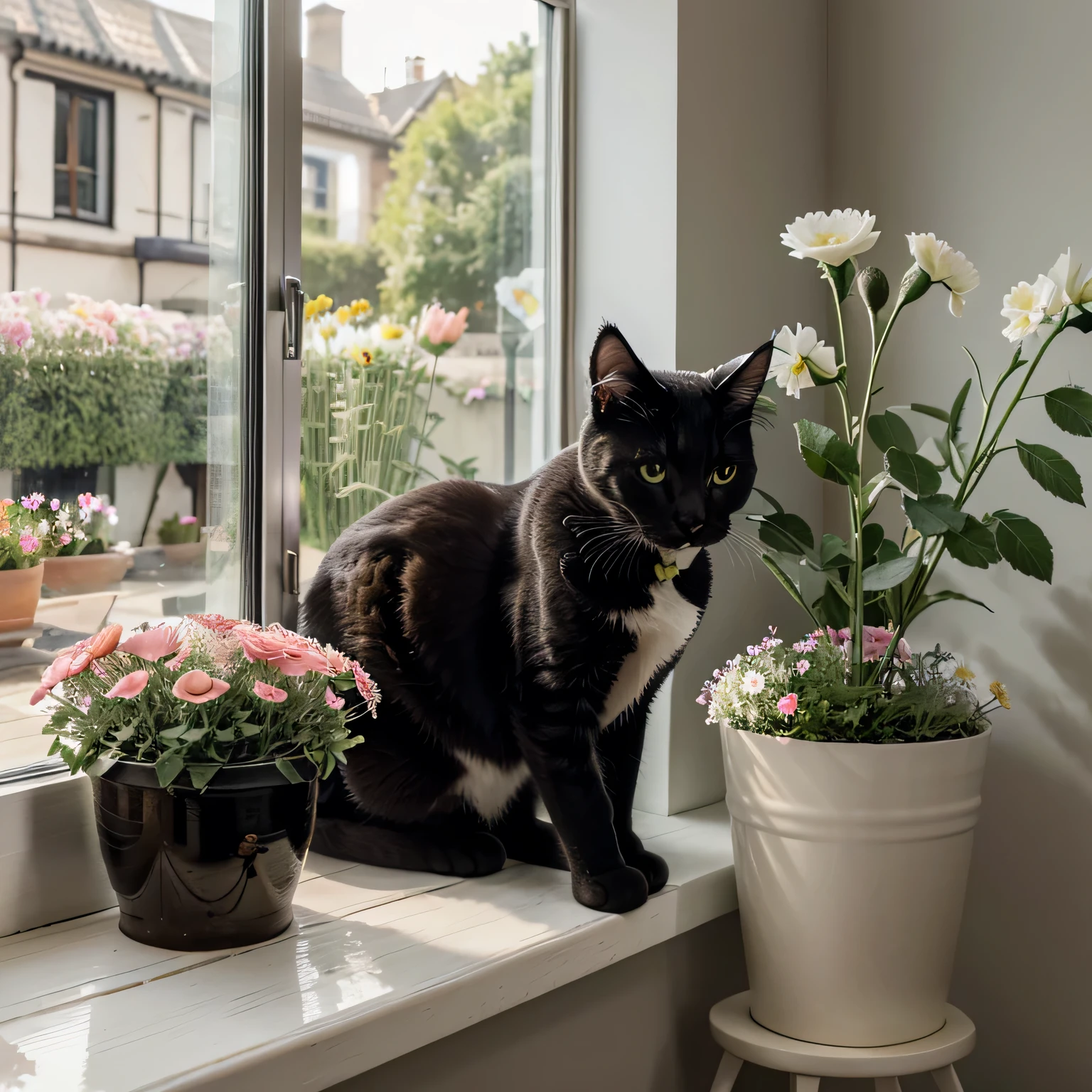 masterpiece, Best quality, ultra realistic image, ((cat eats flowers)), flowers in a pot, Flowers on the windowsill, Black fluffy cat