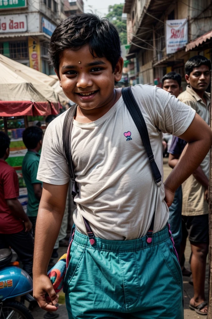 Generate an image of Gopal, a chubby and endearing Indian boy:

Physical Description: Gopal has chubby cheeks and a round face that lights up with a wide, innocent smile. His dark eyes are big and expressive, framed by long eyelashes. His hair is dark and slightly tousled, adding to his boyish charm.

Attire: He wears a crisp white shirt, slightly oversized, tucked neatly into dark trousers. Over his shirt, he sports colorful suspenders with playful patterns of stripes or polka dots, fastened securely over his shoulders.

Expression: Gopal's expression is joyful and mischievous, radiating warmth and curiosity. His dimpled cheeks and bright eyes reflect his lively personality and infectious enthusiasm.

Background: Place him in a playful and vibrant setting, perhaps a schoolyard or a bustling market street in India, where his playful demeanor contrasts with the busy surroundings.