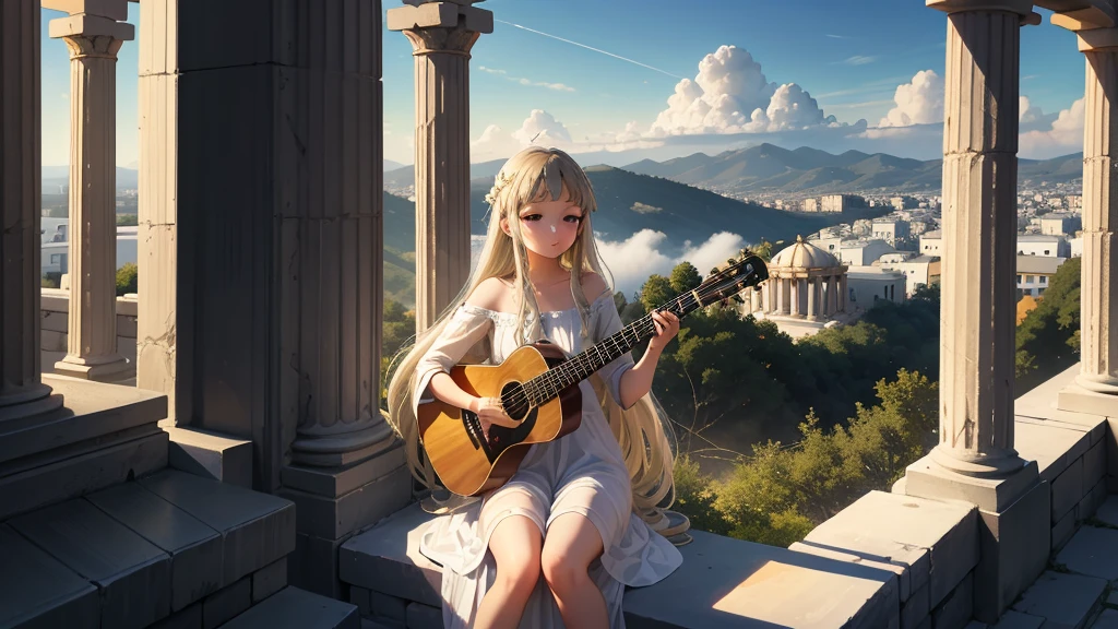 最high quality、high quality、Young Greek God々、Sanctuary Grasslands、Long dress、Full of light、Mysterious、Little angels are playing instruments all around、Greek temple in the clouds、skyline、
