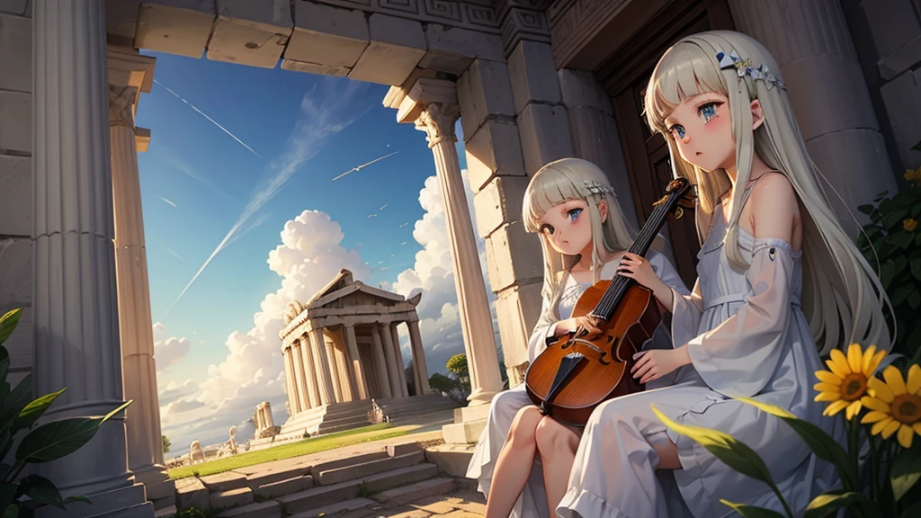 最high quality、high quality、Young Greek God々、Sanctuary Grasslands、Long dress、Full of light、Mysterious、Little angels are playing instruments all around、Greek temple in the clouds、skyline、