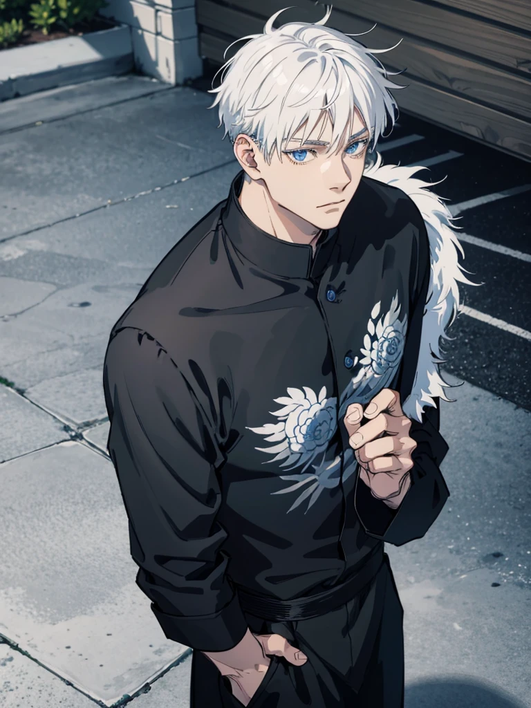 Gojo Satoru walk in outdoor black tops ,white hair , blue eyes, cool style macho