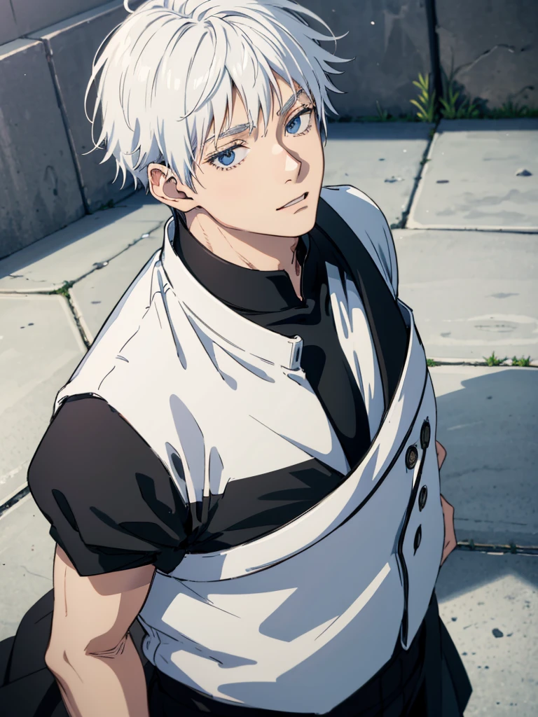 Gojo Satoru walk in outdoor black tops ,white hair , blue eyes, cool style macho