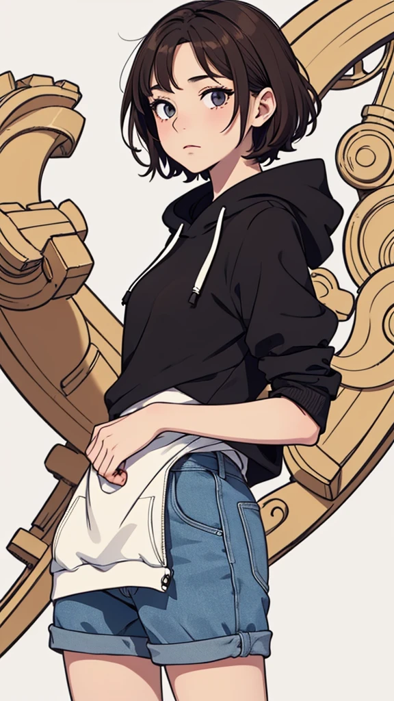 (((masterpiece, best quality, ultra highres, 1 girl, solo, no background))), super detailed skin and face and eyes and finger, beautiful japanese woman, small breasts:1.5, skinny, light brown hair, white background, very short curly pixie hair, (an illustration of girl), Knee shot, Generate with illustrations, Various expressions, Various poses, Please draw the entire character within the frame, ensuring that the head, arms, and legs are not cut off. The background should be simple, with the character positioned centrally, outline, anime, hoodie, sad,