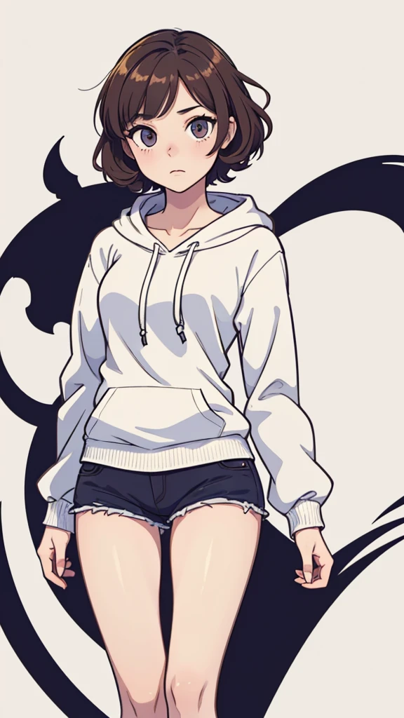 (((masterpiece, best quality, ultra highres, 1 girl, solo, no background))), super detailed skin and face and eyes and finger, beautiful japanese woman, small breasts:1.5, skinny, light brown hair, white background, very short curly pixie hair, (an illustration of girl), Knee shot, Generate with illustrations, Various expressions, Various poses, Please draw the entire character within the frame, ensuring that the head, arms, and legs are not cut off. The background should be simple, with the character positioned centrally, outline, anime, hoodie, sad,