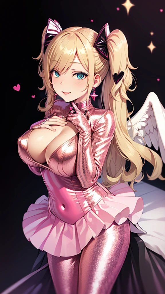 Erotic　Tall blonde curly hair twin tail drill adult married woman　White and pink sequins rubber suit with hearts on a black background, bedroom, dark theme, evil, temptation, excitement, condescending smile, sexy pose, white angel wings, angel, white bird wings, hands on chest