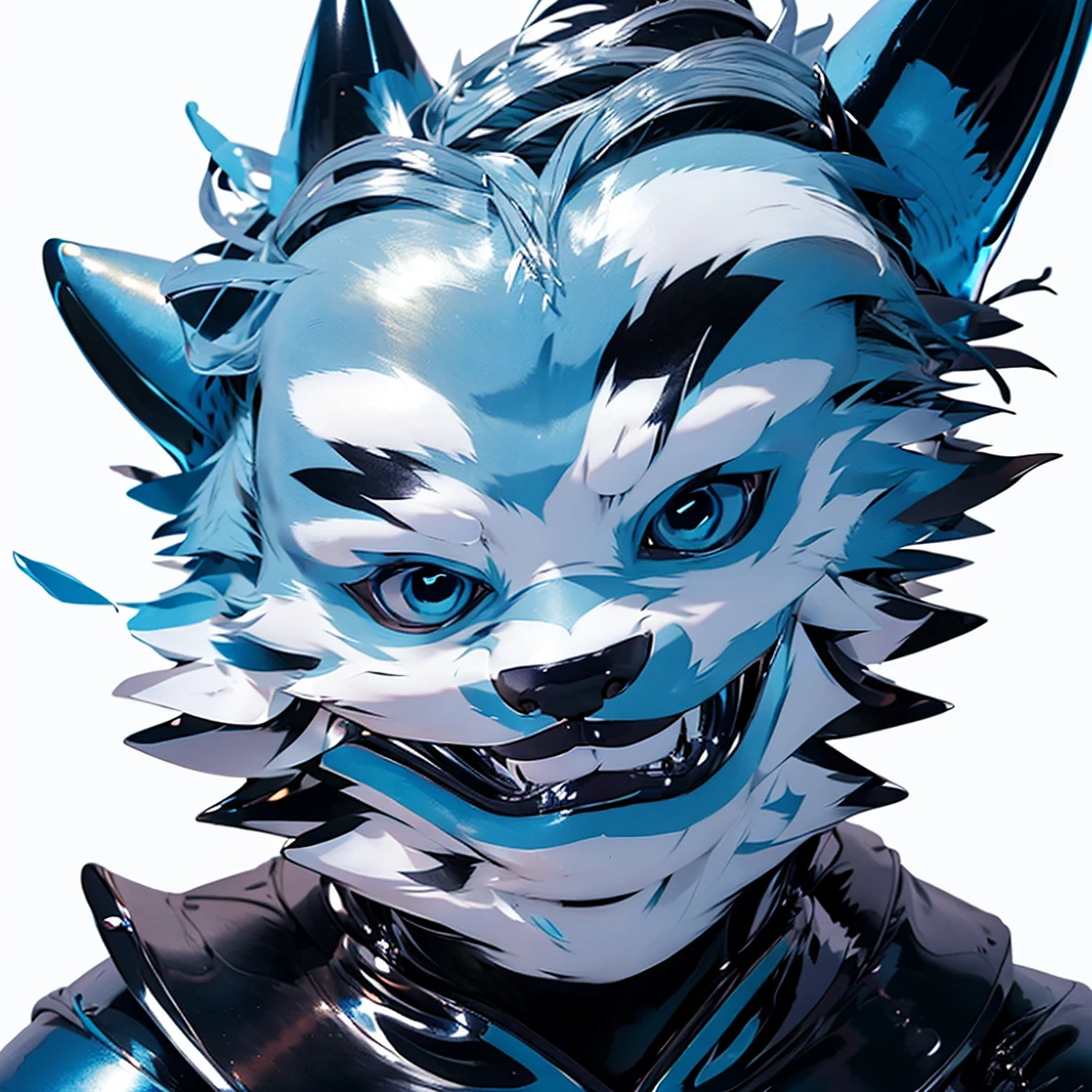 this illustration of one male person, anthro junior wolf is wearing blue shiny rubber bodysuit, and blue shiny rubber full-face head, shiny, white background, in furry art style, sleek
