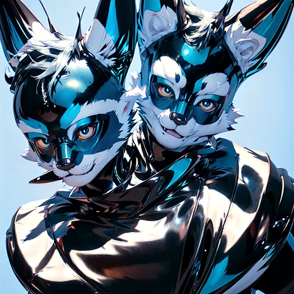 this illustration of one male person, anthro junior wolf is wearing blue shiny rubber bodysuit, and blue shiny rubber full-face head, shiny, white background, in furry art style, sleek