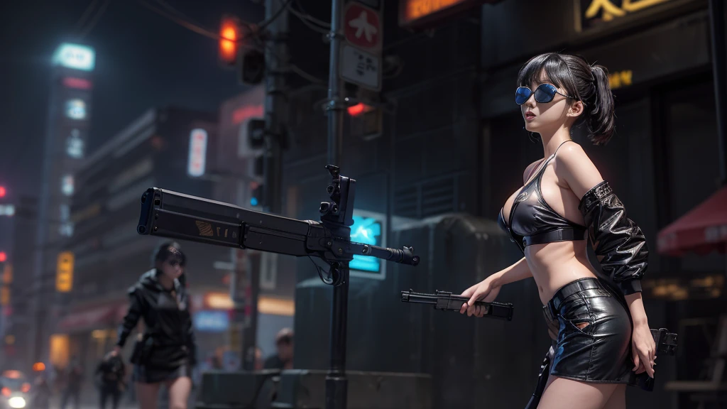 8k, Realistic Skin Texture, Realistic Photo, Neo Tokyo, slim Japanese women, large-breast:1.3 cleavage:1.2, AD2050 at night, Dirty hunting jacket, Wearing tube top, miniskirt, (((black sunglasses, automatic rifle, sneakers, cold, shooting pose, low angle view))), Innovative composition, revenge, cyberpunk, blade runner worldview, Large neon sign, Geisha hologram sign, Strong Wakamoto Sign.