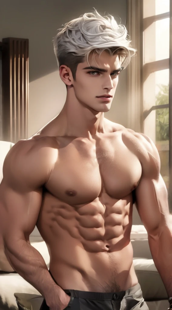 Full body realistic photography 4k, high resolution, best quality, Masterpiece, perfect color, เฉดperfect color, perfect light, ((Portrait)), ((handsome man)), perfect male figure, (Pay attention to details), (Handsome, sharp and dark.), short hair details,chest muscles,abdominal muscles,naked body,detailed face, perfect face, (stand up), Detailed background, (delicate eyes),white hair