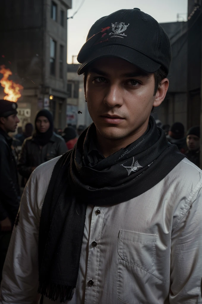 (very sharp result) (dramatic desaturated photo) (((textile shading))), (((Best Quality))), (((masterpiece))), (((hyper realistic photo))) on war situation (dramatic candid photography) contrast backlight shade lighting treatment: (iconic banksy pose) dramatic shade of a boy with cap & & arabian motif scarf cover his face ready to throw a molotov cocktail bomb on riot situation, full smoke, red mood lighting, light source from the molotov fire, shot by hasselblad with medium lens, UHD 4k.