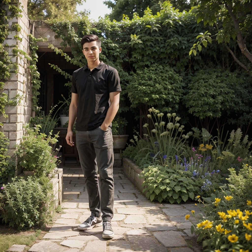 Make a photo of young man near by a garden
